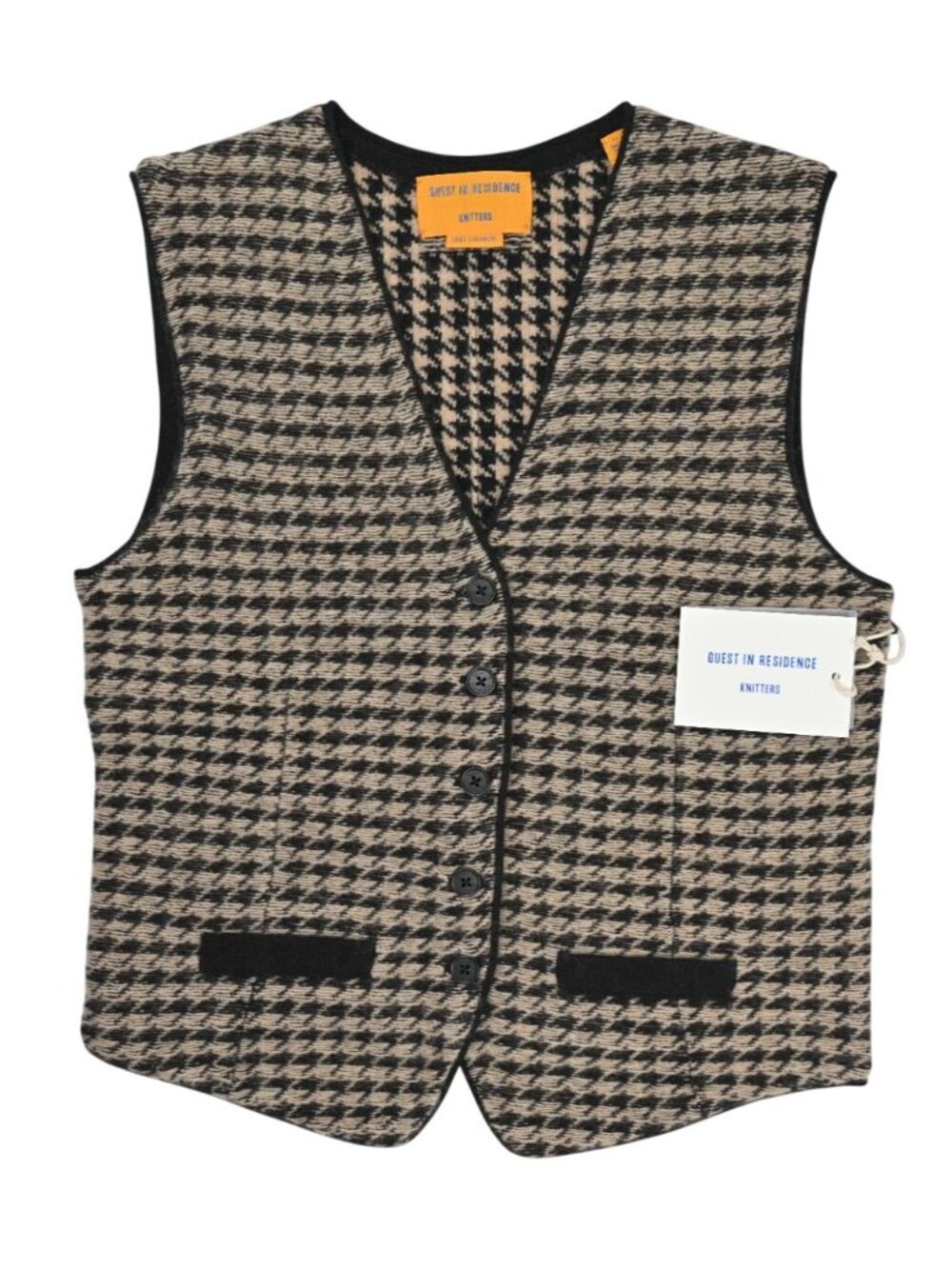 Guest in Residence Knitters Houndstooth Tailored Vest in Black & Dune